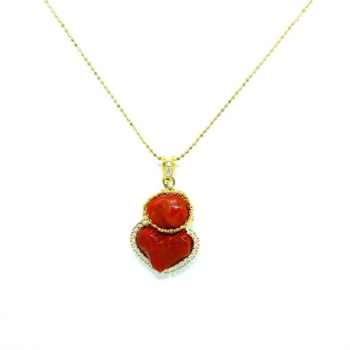 Collana in Arg. 925, con ciondolo di Corallo Sardo con Cuore e Bottone bordati con zirconi