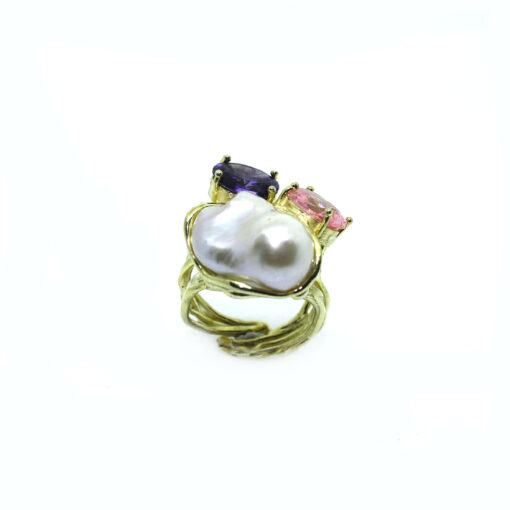 Anello in Argento dorato con Perla Barocca e pietre colorate